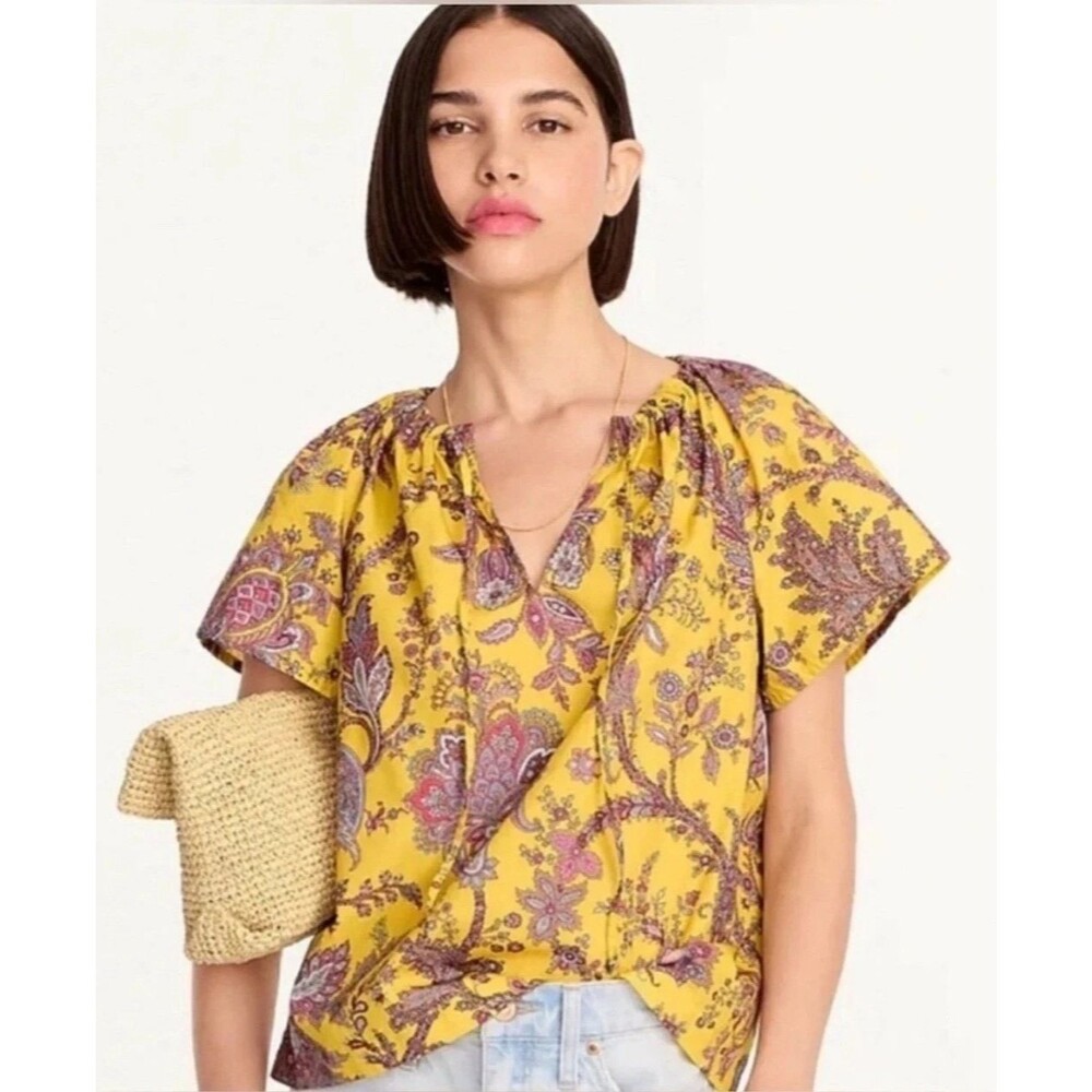J. Crew Collection Tie-Neck Poplin Ratti Golden Paisley Short Sleeve NEW sz XXS